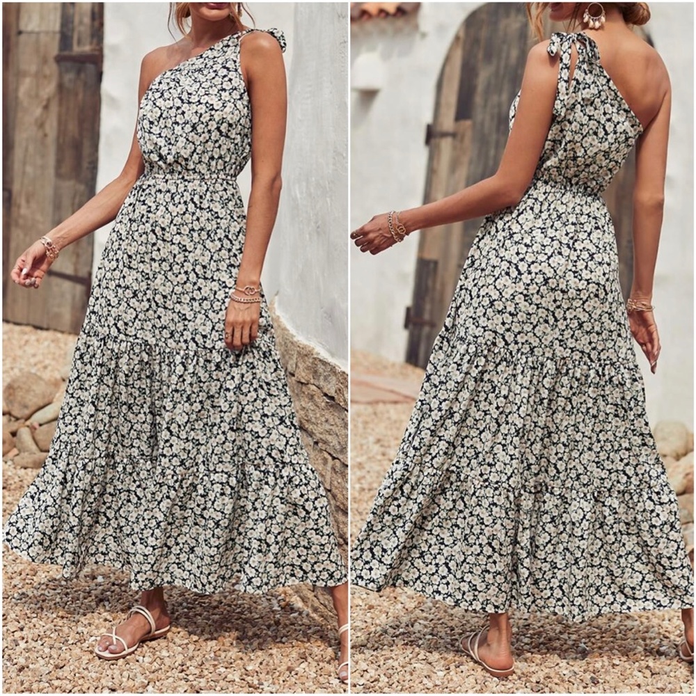 Boho Floral Print One Shoulder Ruffle Maxi Dress - Picture 3 of 3
